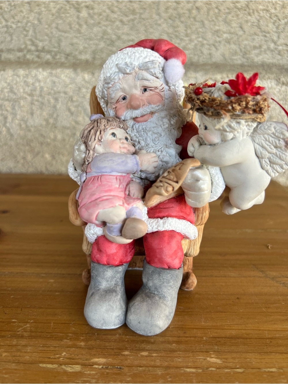 Holiday Santa with Child and Angel Figurine - Red